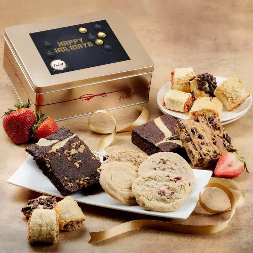 Vista 13 de Dulcet - Cesta de regalo gourmet con variedad de pasteles en una elegante caja de lata ensamblada, lata única de regalo para el padre para papá