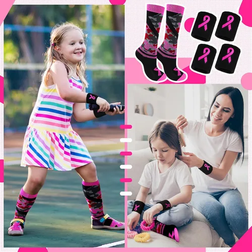 Vista 5 de Jiuguva Juego de pulseras y calcetines con cinta rosa para concienciación del cáncer de mama, incluye calcetines deportivos de camuflaje rosa