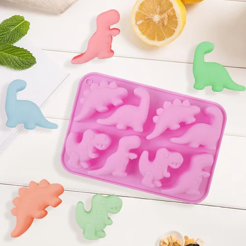 Vista 4 de Paquete de 2 moldes de silicona de dinosaurio, moldes de chocolate de dinosaurio, molde de gelatina de 8 cavidades para dulces, gomitas, postres