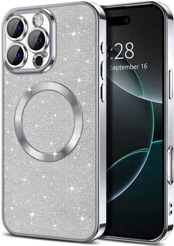 Vista 47 de Hython para iPhone 16 Funda con chispas brillantes, fundas transparentes magnéticas con protector de lente de cámara [Compatible con MagSafe]