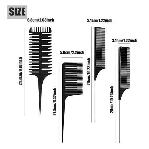 Vista 2 de Fox Baby Peine para peinar el cabello, 4 peines de metal negro, resaltado, estilo profesional, para estilista en casa, peluquero, tejido, teñido