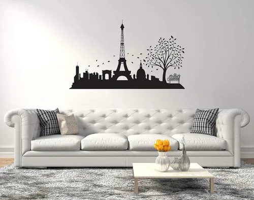 Vista 4 de Calcomanía de pared de la ciudad de París y la Torre Eiffel, diseño de horizonte de París, calcomanía de pared de la Torre Eiffel de París