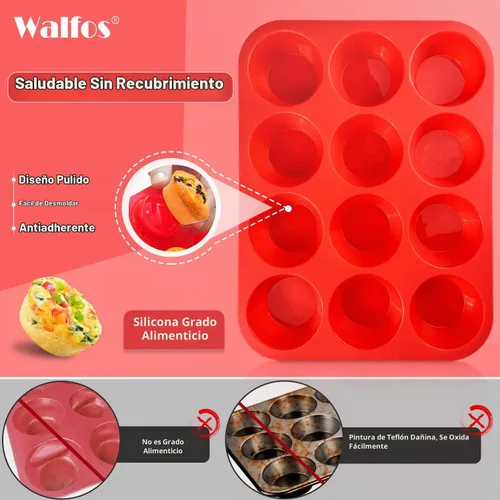 Vista 3 de Walfos Molde de silicona para magdalenas, juego de 3 moldes para magdalenas, incluye 24 tazas de mini moldes para muffins, 12 tazas regulares y 6