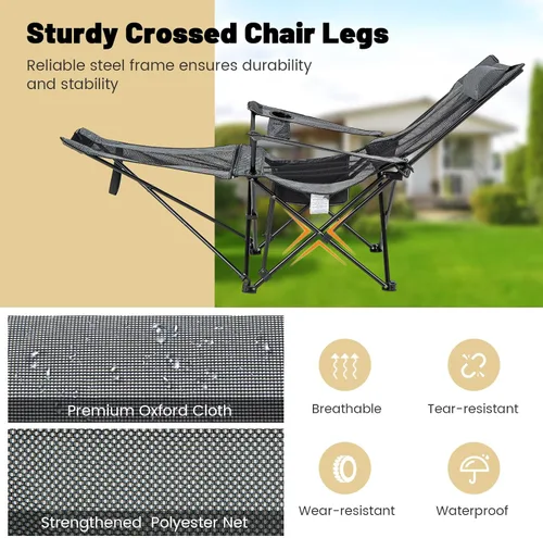 Vista 7 de GYMAX Silla de campamento, silla reclinable ajustable con reposapiés extraíble, almohada acolchada, portavasos y bolsillo lateral, silla plegable