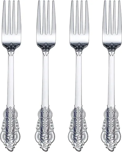Vista 22 de WDF 100 cucharas de plástico plateadas desechables, cubiertos de plata barrocos de 6.93 pulgadas para pastel de postre, cucharas de plástico