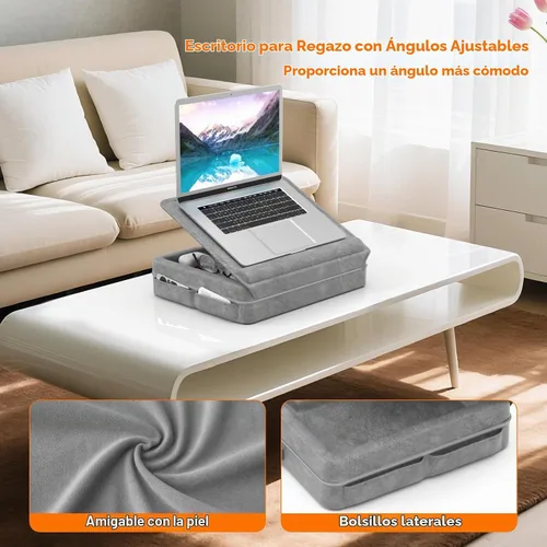 Vista 3 de KDD Escritorio de regazo para laptop con cojín, mesa para laptop con almacenamiento para cama y sofá, soporte de almohada ajustable con tira
