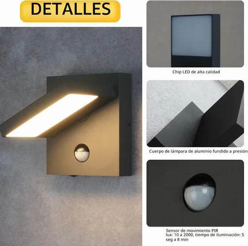 Vista 5 de Lustrlach Lámpara LED de pared con sensor de movimiento para exteriores, montaje en pared exterior con cabezal de lámpara ajustable para casa Gris