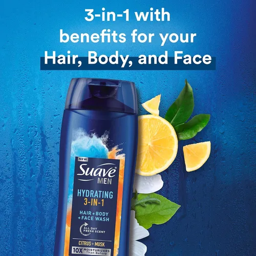 Vista 5 de Suave Jabón hidratante para hombre, para cuerpo, cara y cabello, 3 en 1 para piel y cabello hidratados, aroma cítrico y almizcle, sin parabenos, sin