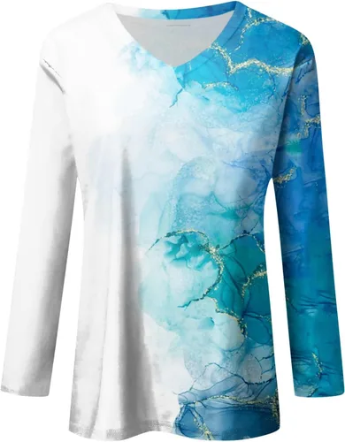 Vista 4 de Long Sleeve Shirts for Women Fall V-Neck Pullover Tees Blouse Loose Casual Sweatshirts Printed Long Sleeve Tunics Tops