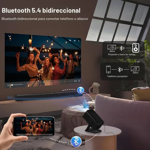 Vista 7 de Mini proyector 1080P 4K compatible con WiFi 6 y Bluetooth 5.4 Aplicaciones integradas Android 14 Auto Keystone Proyector portátil al aire libre