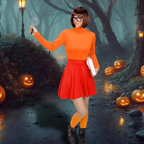 Vista 5 de Hercicy Disfraz naranja de Halloween para adultos, peluca estilo Bob, cuello alto, falda patinadora, gafas y calcetines para mujer, cosplay