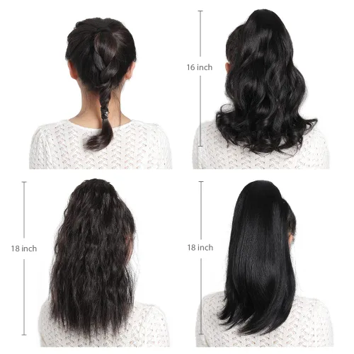 Vista 7 de Extensiones de cabello para cola de caballo, extensión de cola de caballo roja de 16 pulgadas, corta, ondulada, rizada, envolvente, cola de caballo