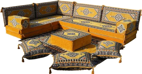 Vista 135 de arabicsofa Juego de asientos Jalsa en forma de L – Majlis árabe hecho a mano con almohadas de respaldo