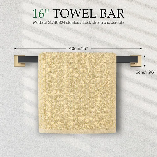 Vista 2 de Juego de Accesorios de Ferretería de Baño Negro y Dorado de 5 Piezas Juego de Barra de Toallas de Acero Inoxidable Juego de Soporte de Toallas Barra