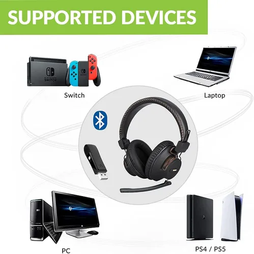 Vista 2 de Avantree DG59M - Auriculares Bluetooth con micrófono para PS5 y PS4, auriculares inalámbricos con adaptador USB para PC, laptop, computadora