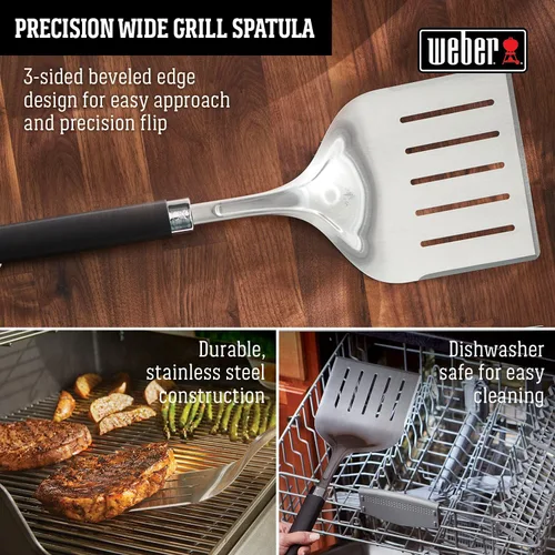 Vista 5 de Weber Espátula ancha para parrilla de precisión, espátula de barbacoa de acero inoxidable con borde biselado de 3 lados, mango antideslizante suave