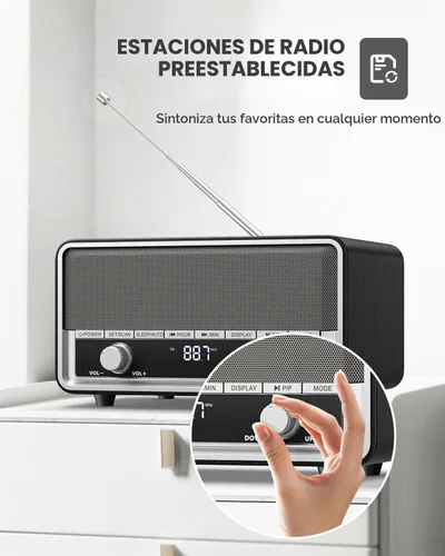 Vista 7 de Radio Bluetooth AM FM de madera retro con pantalla de tiempo