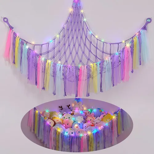 Vista 8 de FIOBEE Red de Animales de Peluche o Hamaca con Luz LED, Hamaca de Juguetes Colgante Organizador de Almacenamiento Soporte para Animales de Peluche