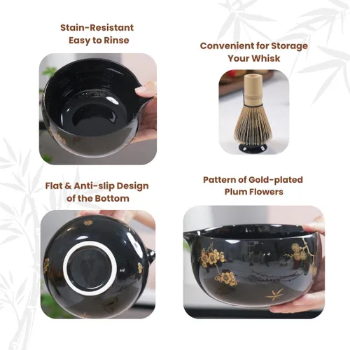 Vista 5 de Juego de batidor de matcha, 8 piezas de oro de flor de ciruelo para ceremonia de té japonesa, cuenco de cerámica con boquilla, batidor de bambú