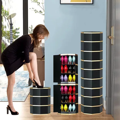 Vista 2 de Estantes Zapatero Zapatero 360° giratorio 3/6/9 niveles Gabinete de zapatos de metal con puertas de adsorción Estante redondo giratorio para zapatos
