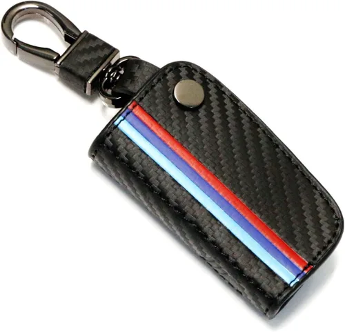 Vista 6 de iJDMTOY Emblemático llavero de cuero con patrón de fibra de carbono negro de 3 colores con llavero compatible con el mando a distancia BMW