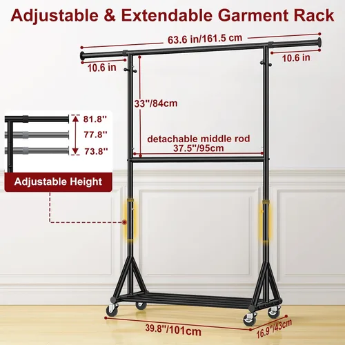 Vista 3 de Perchero resistente con carga de 760 libras, estante de ropa con ruedas de doble nivel, altura ajustable para colgar ropa, estante de metal