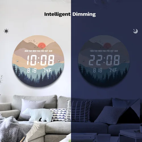 Vista 10 de Reloj de pared digital inteligente iluminado con puesta de sol automático con calendario de temperatura y tiempo, relojes de pantalla grande, reloj