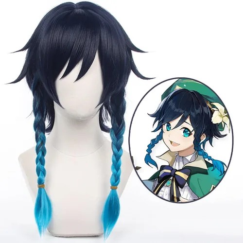 Vista 2 de Genshin Impact Peluca de anime Cosplay peluca Venti azul degradado de pelo corto con gorra de peluca gratis para Comic Con, espectáculo de cosplay