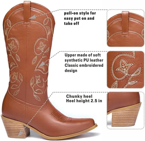 Vista 2 de GOSERCE Botas vaqueras para mujer, botas vaqueras a media pantorrilla, bordado floral, punta puntiaguda, tacón grueso, 2.5 pulgadas, de moda