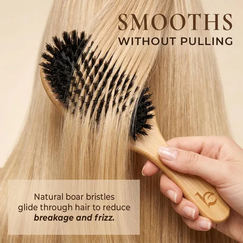 Vista 2 de Cepillo de cerdas de jabalí para mujeres y hombres, cepillo de pelo natural 100% cerdas suaves de jabalí para cabello fino y delgado
