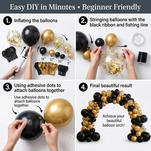 Vista 3 de Kit de arco de guirnalda de globos negros y dorados, 18, 12, 10, 5 pulgadas, globos de látex de confeti dorado metálico negro para decoraciones