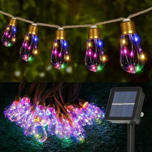 Vista 9 de Guirnalda de luces solares para exteriores, luces solares de patio de 24 pies, tira de luces para exteriores, impermeable, 8 modos de luces de Blanco