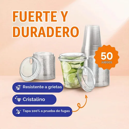 Vista 2 de Vasos de plástico transparente de 12 onzas con tapas sin popote [50 juegos], vasos de plástico desechables de 16 onzas con tapas, transparente