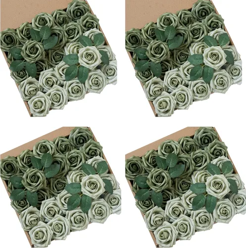 Vista 22 de Flores artificiales, 25 piezas, rosa artificial azul bebé para ramos de boda, centros de mesa, arreglos, flor falsa con tallos para decoración