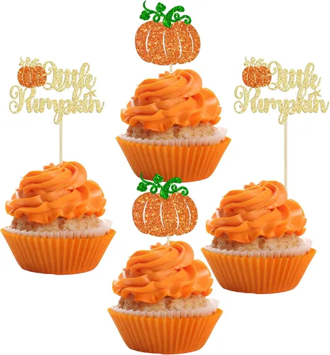 Vista 21 de 24 adornos para cupcakes de calabaza para niños o niñas con purpurina para revelación de género, decoración para cupcakes de calabaza, pies