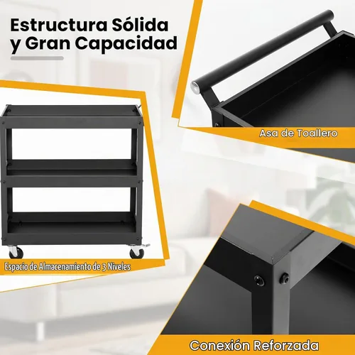 Vista 3 de Goplus Carrito utilitario de 3 niveles, carrito de herramientas de servicio comercial resistente con ruedas bloqueables, capacidad de carga de 330