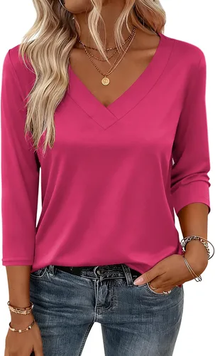 Vista 11 de Zeagoo Camisetas de manga 3/4 para mujer, cuello en V, blusa casual elegante, camisetas básicas 2026, ropa de moda S-2XL