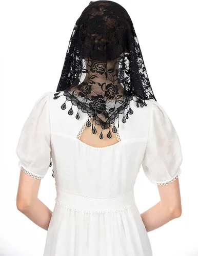Vista 5 de Wgior Velos triangulares para iglesia, velos de capilla de encaje, masas católicas, bufanda, velos de mantilla para mujer