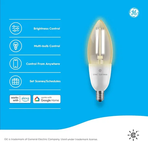 Vista 2 de GE CYNC - Bombilla LED inteligente, bombilla de vela B11, funciona con Amazon Alexa y Google Home, luz WiFi, equivalente a 60 W, blanco suave, base