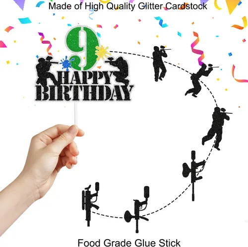 Vista 3 de Juego de 7 piezas de decoración para cupcakes de paintball para adolescentes de 9.º cumpleaños. Es la fiesta de cumpleaños perfecta con temática