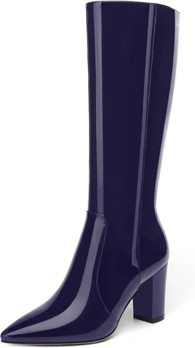 Vista 71 de AMBELIGHT Botas altas hasta la rodilla con cremallera y puntera puntiaguda para mujer, de patente sólida, tacón alto, 3.3 pulgadas