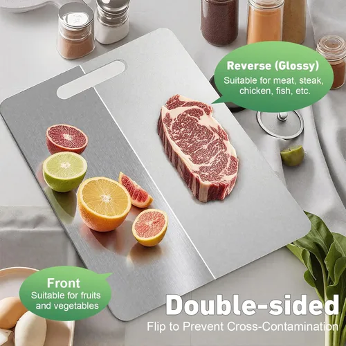 Vista 3 de Tabla de cortar de titanio, nuevas tablas de cortar de titanio 100% puro para cocina, tabla de cortar de metal de alimentos de doble cara,