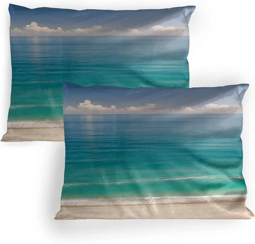 Vista 6 de Lunarable Ocean Pillow Sham Set of 2, Sunset at a Smooth Sandy Beach with Small Wave and Bubbles from The Sea, Quality Microfiber Bedding Item for