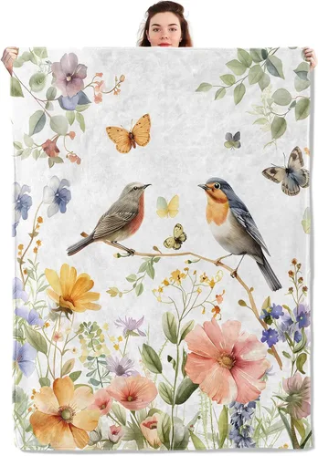 Vista 14 de Manta ligera de pájaros y mariposas, regalos para amantes de la naturaleza, manta de franela con rosa colorida y hortensias impresas para sofá