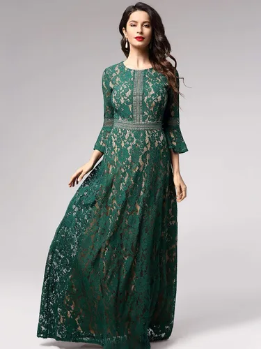 Vista 3 de MISSMAY - Vestido largo formal con mangas de campana, hecho totalmente en encaje, estilo vintage, para mujer