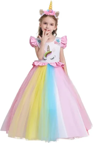 Vista 13 de Vestido de tul de unicornio arcoíris para niñas, vestido de princesa para cumpleaños, Halloween, Navidad, concurso de baile, fiesta de baile