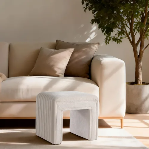 Vista 2 de Get Set Style Taburete de tocador, moderno taburete otomano de lino con patas de madera, sofá banco, reposapiés, asiento adicional para tocador