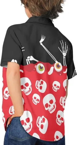 Vista 4 de Pinupub Camisas hawaianas unisex para niños, divertidas y lindas camisas de vestir de manga corta con botones para Halloween