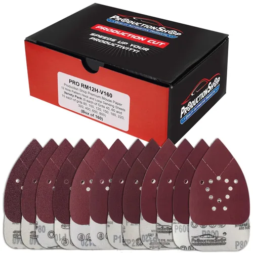Vista 9 de ProductionShop Hojas de papel de lija premium para lijadora de detalle con patrón de ratón de 12 agujeros, paquete variado de 50 discos, granos 40