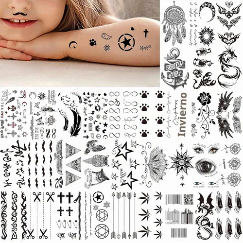 Vista 5 de VANTATY 66 hojas de tatuajes temporales negros pequeños en 3D para mujeres y hombres, impermeables, calcomanías falsas para rostro, cuello, brazo